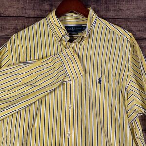 Vtg Ralph Lauren Classic Fit Striped Button Down Shirt Yellow White Navy Mens L